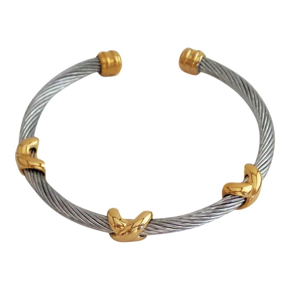 Stainless Steel Gold Plated Cuff Bracelet with X Accents - Picture 3 of 6